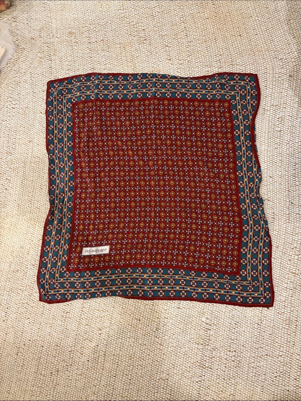 Yves Saint Laurent Red and Blue Geometric Patterned Silk Scarf